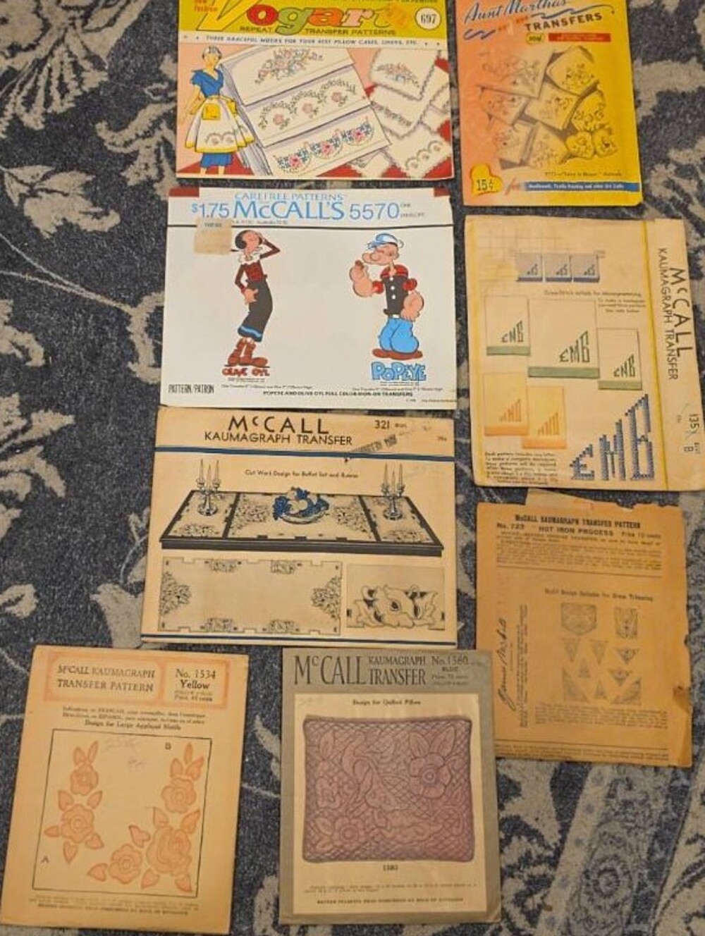 Vintage Hot Iron Embroidery Transfer Lot McCall Vogart Popeye Aunt Martha